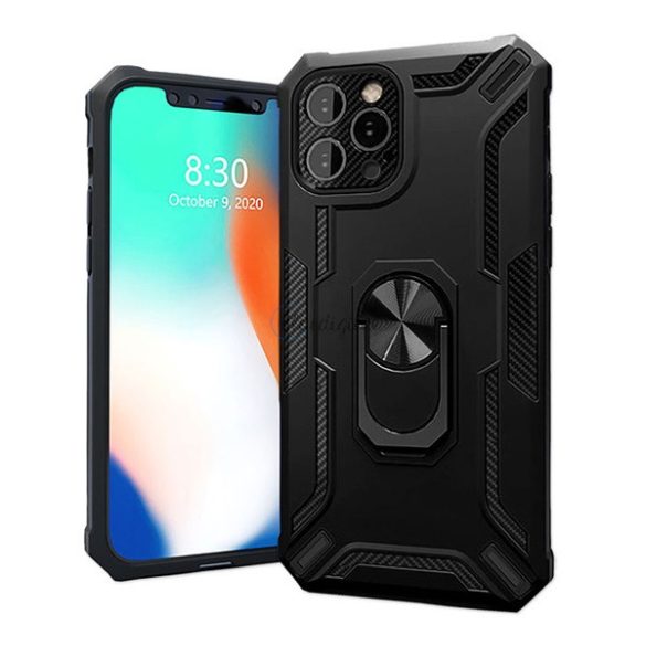 Protector de telefon din plastic 4-OK Defender (rezistență medie la impact, interior din silicon, inel de suport pentru telefon, placă metalică încorporată) NEGRU Apple iPhone 13 Pro