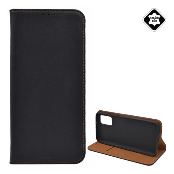 Husă în picioare, piele naturală (FLIP, deschidere laterală, funcție de suport pentru birou) NEGRU Samsung Galaxy A03s (SM-A037F)