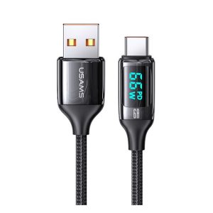 Cablu de date USAMS U78 (USB - Type-C, 65W, încărcător rapid PD, 120cm, șiret, afișaj LED) NEGRU