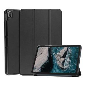 Husă stativă, efect piele (FLIP activ, deschidere laterală, funcție suport pentru birou TRIFOLD) negru Nokia T20 LTE, Nokia T20 Wi-Fi
