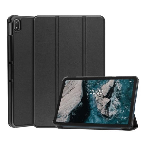 Husă stativă, efect piele (FLIP activ, deschidere laterală, funcție suport pentru birou TRIFOLD) negru Nokia T20 LTE, Nokia T20 Wi-Fi