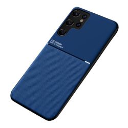   HUSĂ! - protecțiede telefon din plastic (cadru din silicon, rezistent la impact mediu, placă metalică încorporată, spate cu efect de piele, model cu dungi) CUTTING albastruSamsung Galaxy S22 Ultra 5G (SM-S908)