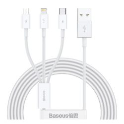   Cablu de încărcare BASEUS 3in1 (USB - lightning/microUSB/Tip-C, încărcător rapid, 150cm) ALB