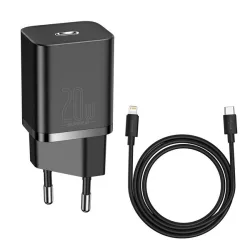   Încărcător BASEUS SUPER SI priză tip C (20W, încărcător rapid PD + tip C - cablu fulger) NEGRU