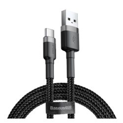   Cablu de date BASEUS CAFULE (USB - Type-C, 3A, încărcător rapid PD 3.0, 100cm, șiret) GRI/NEGRU