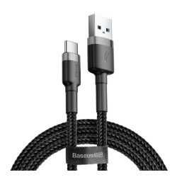   Cablu de date BASEUS CAFULE (USB - Type-C, 2A, încărcător rapid PD 3.0, 300cm, șiret) NEGRU/GRI