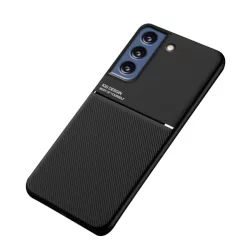   HUSĂ! - Protecție din plastic pentru telefon (cadru din silicon, rezistent la impact mediu, placă metalică încorporată, spate cu efect de piele, model cu dungi) negru Samsung Galaxy S21 FE (SM-G990)