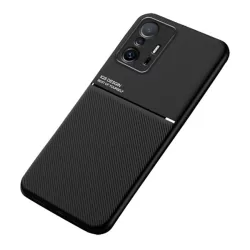   HUSĂ! - protecțiede telefon din plastic (cadru din silicon, rezistent la impact mediu, placă metalică încorporată, spate cu efect de piele, model cu dungi) negru Xiaomi 11T, Xiaomi 11T Pro