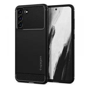 HUSĂ! - Protector de telefon din silicon SPIGEN RUGGED ARMOR (rezistență medie la impact, colț cu pernă de aer, model carbon) NEGRU Samsung Galaxy S21 FE (SM-G990)