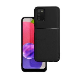   Protecție din plastic pentru telefon (cadru din silicon, rezistență medie la impact, placă metalică încorporată, spate cu efect piele, model în dungi) NEGRU Samsung Galaxy A03s (SM-A037F)