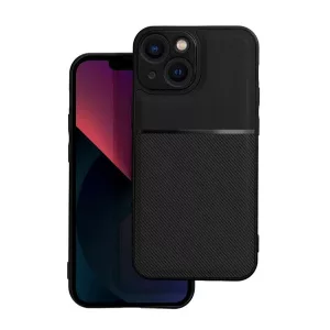 HUSĂ! - Protectie din plastic pentru telefon (cadru din silicon, rezistenta medie la impact, placa metalica incorporata, spate cu efect piele, model in dungi) NEGRU Apple iPhone 13 mini