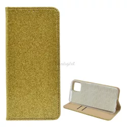   HUSĂ! - Carcasa in picioare, efect piele (FLIP, interior din silicon, deschidere laterala, functie suport de masa, suport card bancar, lucios) GOLD Oppo Reno 4 Z 5G