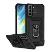   Protector de telefon din plastic Defender (rezistenta la impact mediu, interior din silicon, inel suport telefon, protectie camera) NEGRU Samsung Galaxy S21 FE (SM-G990)