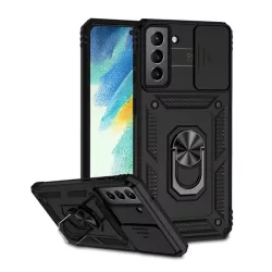   HUSĂ! - Protector de telefon din plastic Defender (rezistenta la impact mediu, interior din silicon, inel suport telefon, protectie camera) NEGRU Samsung Galaxy S21 FE (SM-G990)