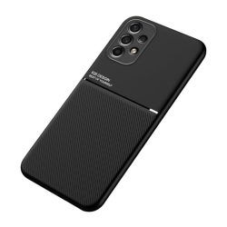   Protecție din plastic pentru telefon (cadru din silicon, rezistență medie la impact, placă metalică încorporată, spate cu efect de piele, model cu dungi) negru Samsung Galaxy A13 4G (SM-A135F / A137F)