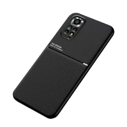   HUSĂ! - protecțiede telefon din plastic (cadru din silicon, rezistent la impact mediu, placă metalică încorporată, spate cu efect de piele, model cu dungi) negru Xiaomi Redmi Note 11 4G (Redmi Note 11S)