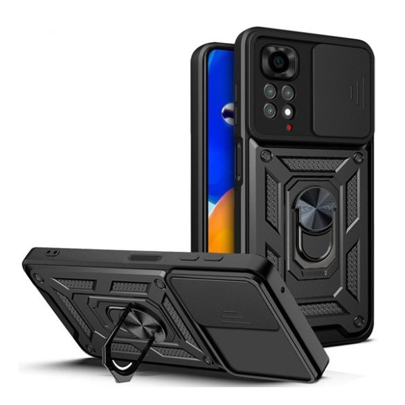 Defender protecțiede telefon din plastic (rezistent la impact mediu, interior din silicon, inel de fixare a telefonului, protecție a camerei) negru Xiaomi Redmi Note 11 4G (Redmi Note 11S)