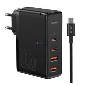 BASEUS Încărcător AC 2 USB+2 prize Type-C (100W, GaN2, PD fast charger 4.0 + cablu Type-C) NEGRU