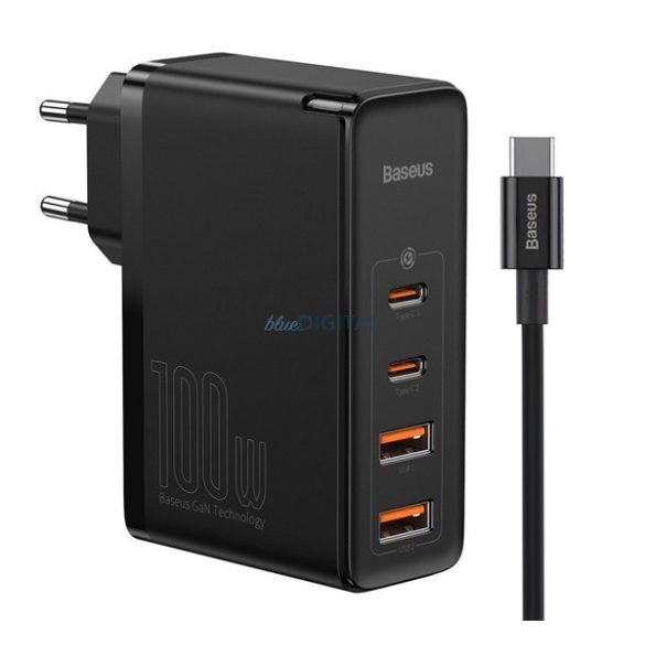 BASEUS Încărcător AC 2 USB+2 prize Type-C (100W, GaN2, PD fast charger 4.0 + cablu Type-C) NEGRU