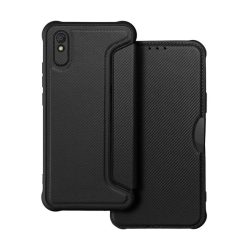   HUSĂ! - Carcasă în picioare, efect piele (FLIP, deschidere laterală, colț cu pernă de aer, protecție pentru cameră, model carbon) NEGRU Xiaomi Redmi 9A (Redmi 9 AT)