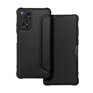 Carcasa in picioare, efect piele (FLIP, deschidere laterala, colt cu perna de aer, protectie camera, model carbon) NEGRU Xiaomi Redmi Note 11 Pro