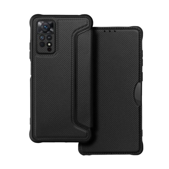 Carcasa in picioare, efect piele (FLIP, deschidere laterala, colt cu perna de aer, protectie camera, model carbon) NEGRU Xiaomi Redmi Note 11 Pro