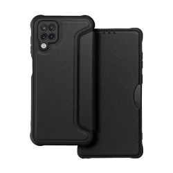   HUSĂ! - Husă în picioare, efect piele (FLIP, deschidere laterală, colț cu pernă de aer, protecție pentru cameră, model carbon) NEGRU Samsung Galaxy A12 (SM-A125F / SM-A127F)