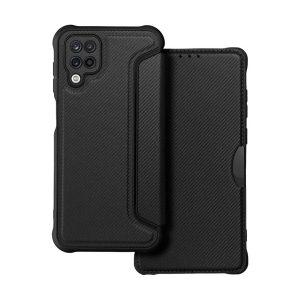 HUSĂ! - Husă în picioare, efect piele (FLIP, deschidere laterală, colț cu pernă de aer, protecție pentru cameră, model carbon) NEGRU Samsung Galaxy A12 (SM-A125F / SM-A127F)