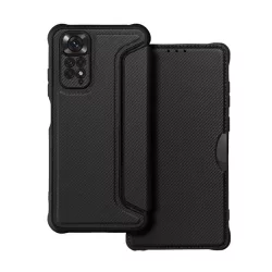   HUSĂ! - Husă stativă, efect de piele (FLIP, deschidere laterală, călcâi cu pernă de aer, protecție cameră, model de carbon) negru Xiaomi Redmi Note 11 4G (Redmi Note 11S)