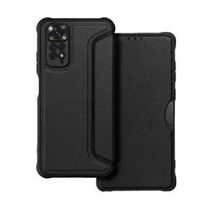 HUSĂ! - Husă stativă, efect de piele (FLIP, deschidere laterală, călcâi cu pernă de aer, protecție cameră, model de carbon) negru Xiaomi Redmi Note 11 4G (Redmi Note 11S)