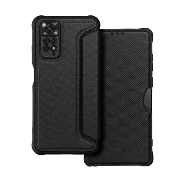 HUSĂ! - Husă stativă, efect de piele (FLIP, deschidere laterală, călcâi cu pernă de aer, protecție cameră, model de carbon) negru Xiaomi Redmi Note 11 4G (Redmi Note 11S)