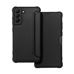   HUSĂ! - Husă stativă, efect piele (FLIP, deschidere laterală, hover, protecție cameră, model carbon) negru Samsung Galaxy S21 FE (SM-G990)