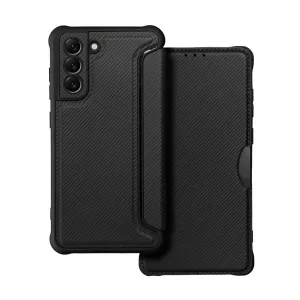 HUSĂ! - Husă stativă, efect piele (FLIP, deschidere laterală, hover, protecție cameră, model carbon) negru Samsung Galaxy S21 FE (SM-G990)