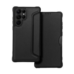   HUSĂ! - Carcasă în picioare, efect piele (FLIP, deschidere laterală, colț cu pernă de aer, protecție pentru cameră, model carbon) NEGRU Samsung Galaxy S22 Ultra 5G (SM-S908)