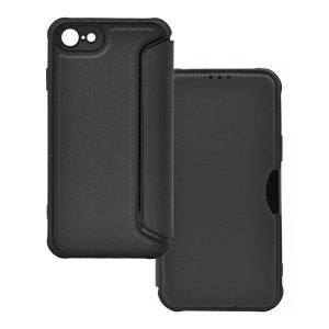 Husă în picioare, efect piele (FLIP, deschidere laterală, colț cu pernă de aer, protecție pentru cameră, model carbon) NEGRU Apple iPhone SE 2 (2020), Apple iPhone SE 3 (2022), Apple iPhone 8 4.7, Apple iPhone 7 4.7