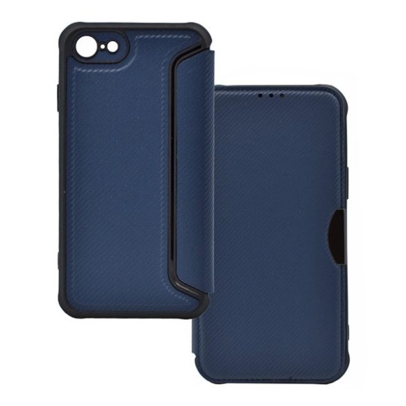 Husă în picioare, efect piele (FLIP, deschidere laterală, colț cu pernă de aer, protecție pentru cameră, model carbon) ALBASTRU ÎNCHIS Apple iPhone SE 3 (2022), Apple iPhone SE 2 (2020), Apple iPhone 8 4.7, Apple iPhone 7