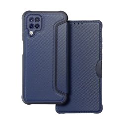   HUSĂ! - Husă în picioare, efect piele (FLIP, deschidere laterală, colț cu pernă de aer, protecție pentru cameră, model carbon) ALBASTRU ÎNCHIS Samsung Galaxy A12 (SM-A125F, SM-A127F)