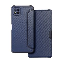   Carcasă în picioare, efect piele (FLIP, deschidere laterală, colț cu pernă de aer, protecție pentru cameră, model carbon) ALBASTRU ÎNCHIS Samsung Galaxy A22 5G (SM-A226)