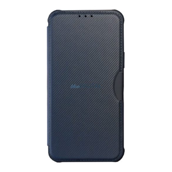 Husă în picioare, efect piele (FLIP, deschidere laterală, colț cu pernă de aer, protecție pentru cameră, model carbon) ALBASTRU ÎNCHIS Apple iPhone 14 Plus