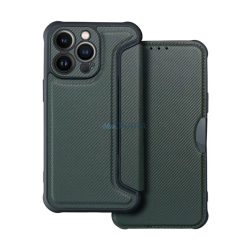   HUSĂ! - Husă în picioare, efect piele (FLIP, deschidere laterală, colț cu pernă de aer, protecție pentru cameră, model carbon) VERDE ÎNCHIS Apple iPhone 14 Plus