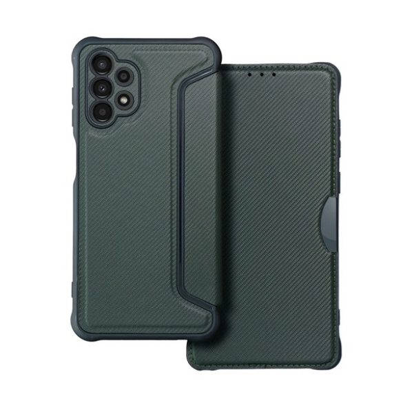 Carcasă în picioare, efect piele (FLIP, deschidere laterală, colț cu pernă de aer, protecție pentru cameră, model carbon) VERDE ÎNCHIS Samsung Galaxy A13 4G (SM-A135F / A137F)