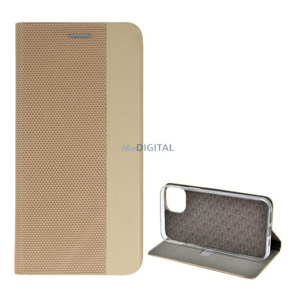Carcasa in picioare, efect piele (FLIP, deschidere laterala, functie suport de masa, model textil) GOLD Apple iPhone 14 Plus