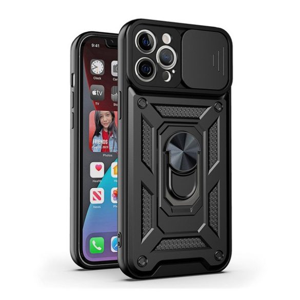 Protector de telefon din plastic Defender (rezistent mediu la impact, interior din silicon, inel suport telefon, protectie camera) NEGRU Apple iPhone 14 Pro Max
