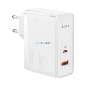 Încărcător BASEUS priză USB+Type-C (100W, GaN5, încărcător rapid PD 4.0) ALB