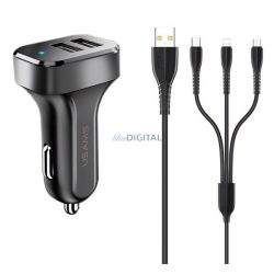   Încărcător auto USAMS KING TU C13 2 prize USB (10W, indicator LED + cablu fulger/microUSB/Type-C) NEGRU