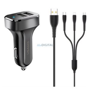 Încărcător auto USAMS KING TU C13 2 prize USB (10W, indicator LED + cablu fulger/microUSB/Type-C) NEGRU
