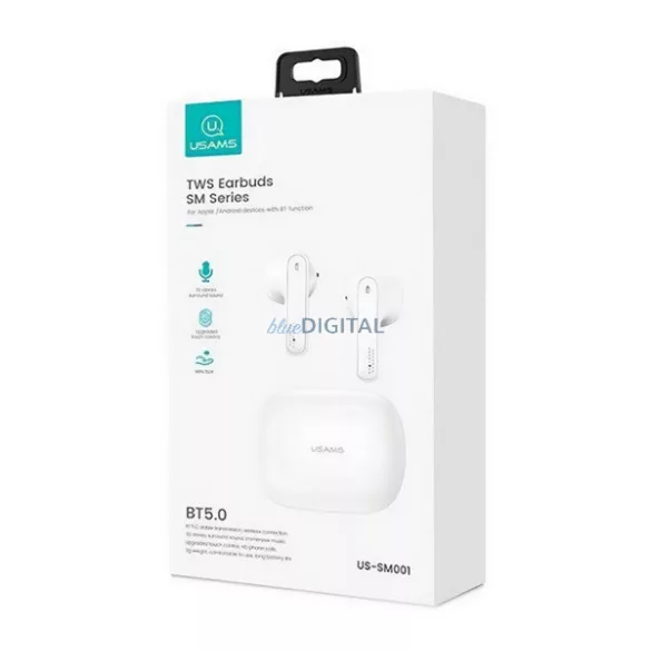 USAMS SM01 cască bluetooth STAREO (v5.0, TWS, microfon, anulare zgomot + încărcător) ALB