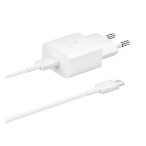Încărcător de rețea SAMSUNG cu priză Type-C (15W, încărcător rapid + cablu Type-C) ALB