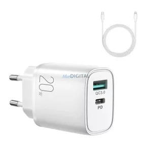 JOYROOM QP2011 încărcător de rețea USB+priză de tip C (20W, încărcător rapid PD 3.0) ALB