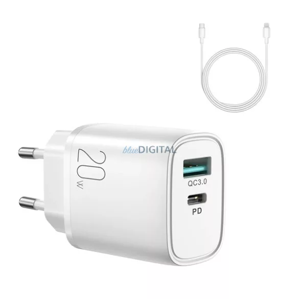 JOYROOM QP2011 încărcător de rețea USB+priză de tip C (20W, încărcător rapid PD 3.0) ALB